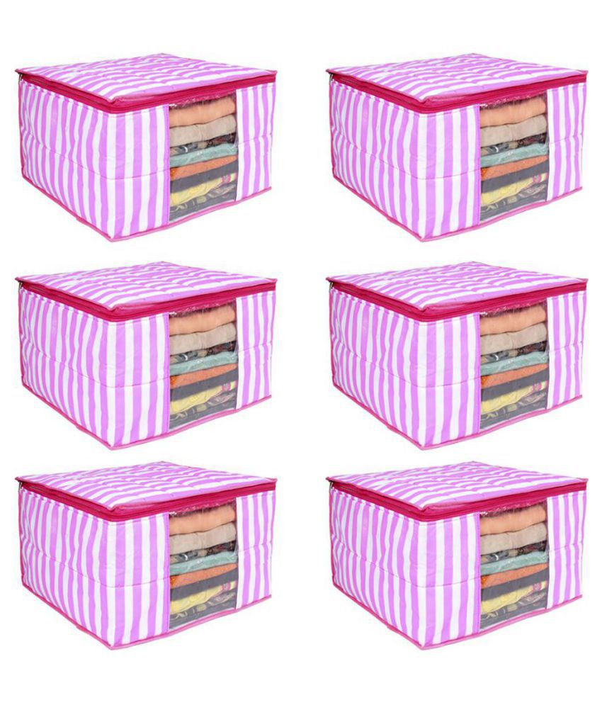     			PrettyKrafts 3 layered Quilted saree Cover Bag/wardrobe organizer with transparent window (Pack of 6), Pink Stripes
