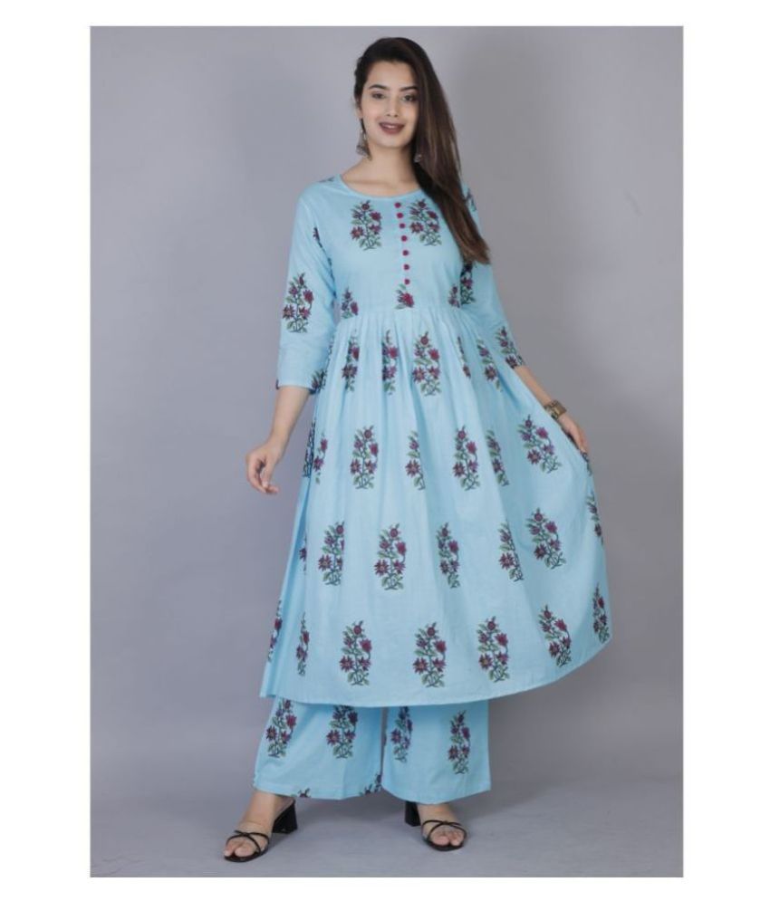     			MAUKA - Blue Blue Anarkali Cotton Women's Stitched Salwar Suit ( Pack of 1 )