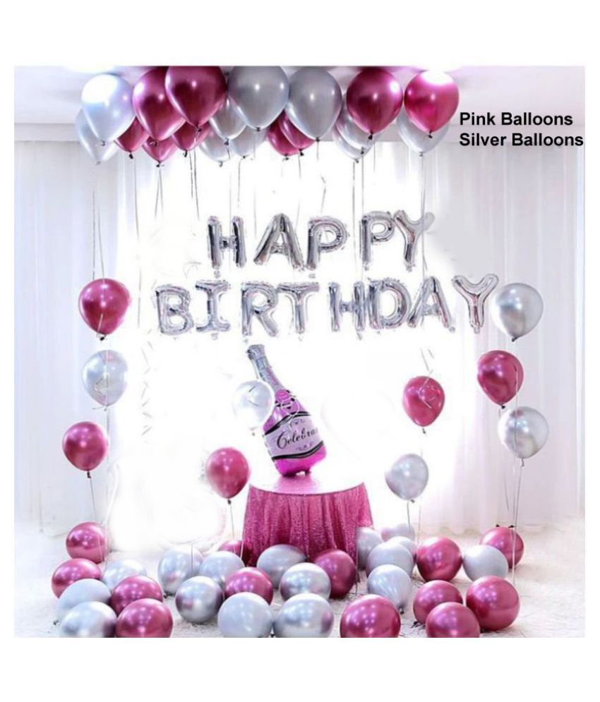     			Pixelfox Happy Birthday Silver Foil + 1 Pink Bottle+ 30 pcs Metallic Balloons (Silver, Pink)