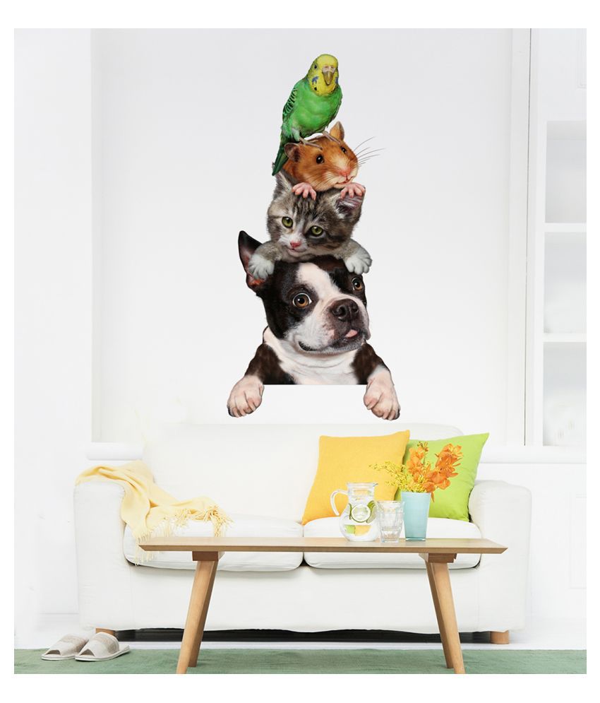     			Wallzone Dog Cat Mouse and Parrot Sticker ( 70 x 75 cms )
