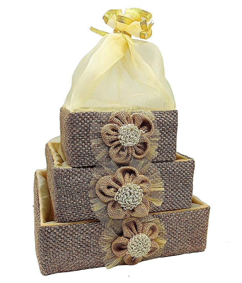     			PRANSUNITA Wood Jute Handmade Decorated Packaging Square Basket Pack of 3 ( Pack of 3 )