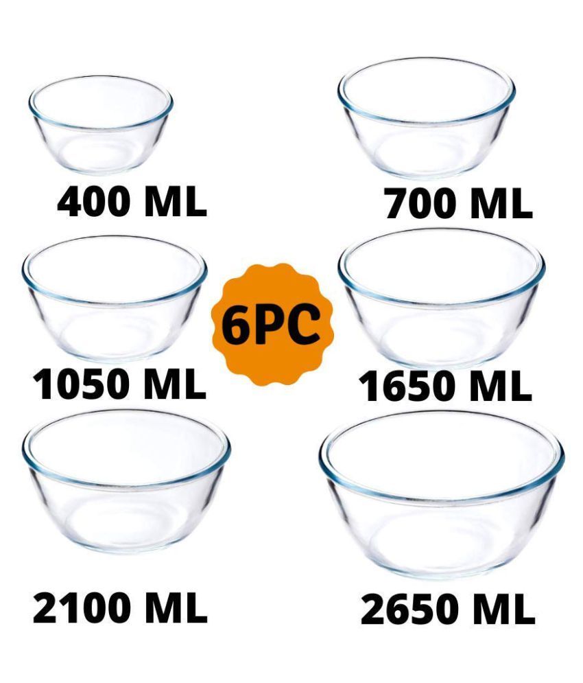 Femora Borosilicate Glass Round Mixing Bowl 400ML_700ML_1050ML_1650ML_2100ML_2650ML, Set of 6