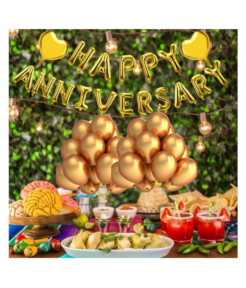     			Pixelfox Happy Anniversary (16 Gold Foil Letters)  + 2 Gold Heart + 30 Metallic Balloons (Gold)