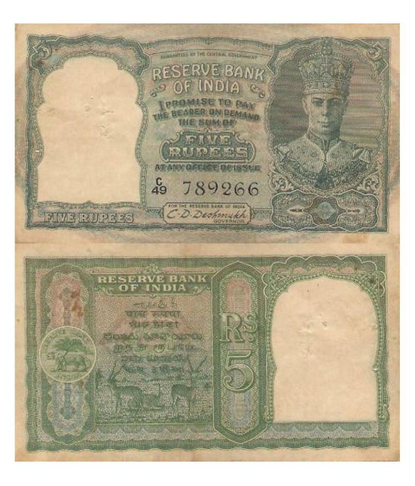     			BRITISH INDIA 5 RUPEE C D DESHMUKH 5 DEER FIVE RUPEES FIVE DEER VERY FAMOUS VERY ANTIQUE ITEM