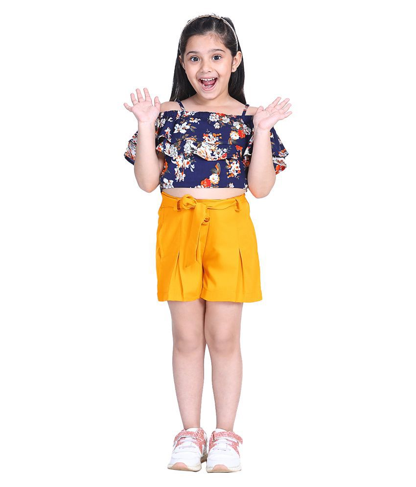     			Naughty Ninos Girls Navy Blue Floral Printed Top with Yellow Shorts