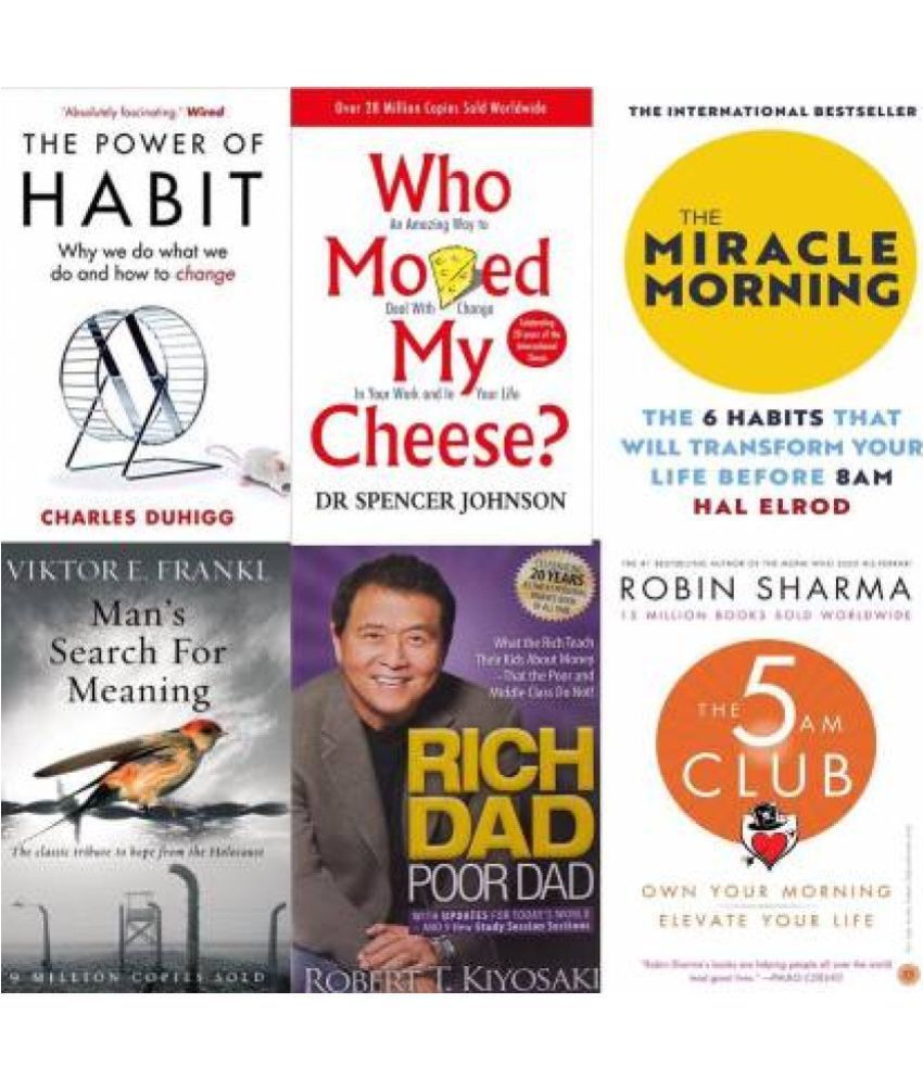     			Combo Of 6 Books (Paperback (rich dad poor dad )+(the power of habits) +(miracle morning)+(who moved my cheese) +(the 5 am club )+ men search for meaning