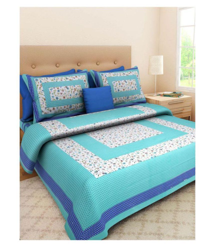     			Uniqchoice - Turquoise Cotton Double Bedsheet with 2 Pillow Covers