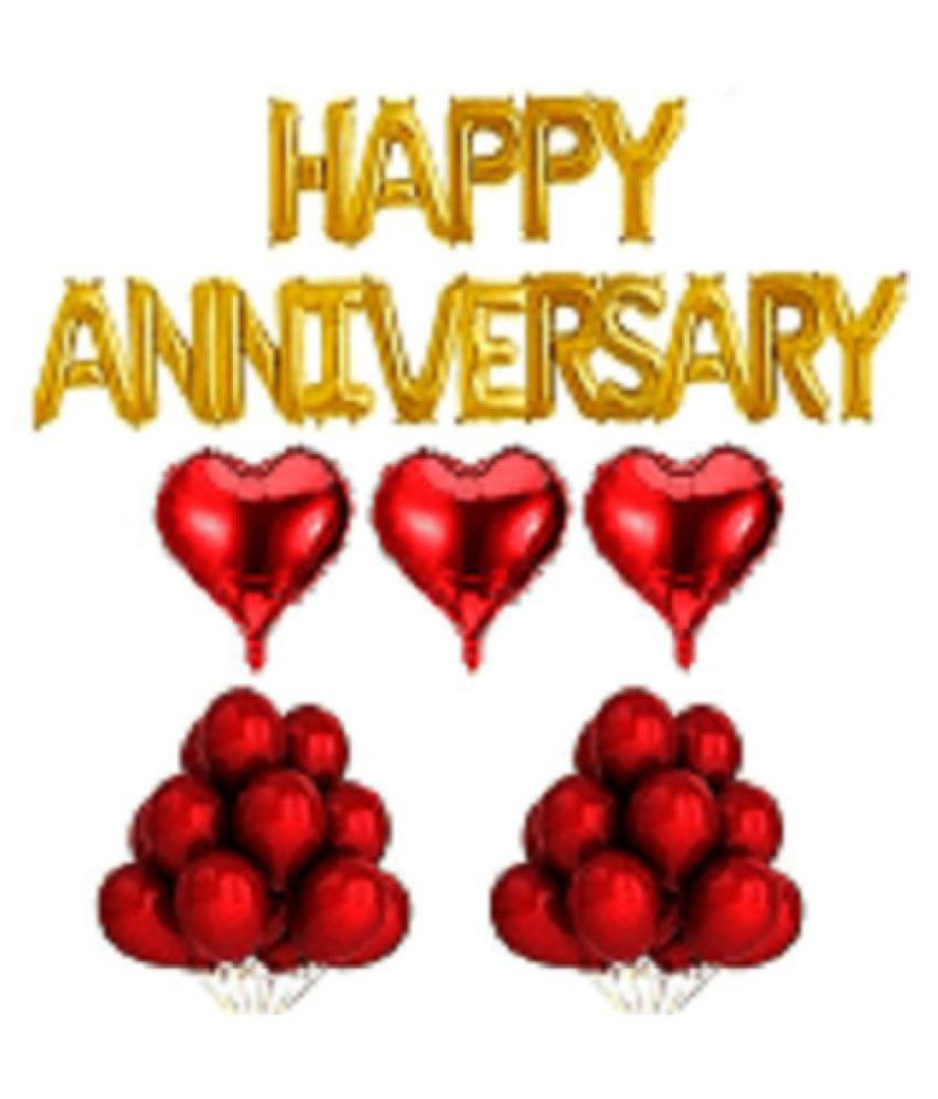     			Pixelfox Happy Anniversary Foil Letters Balloons (Golden) + 3 Red Heart Foil Balloons + 30 Red Colour Balloons