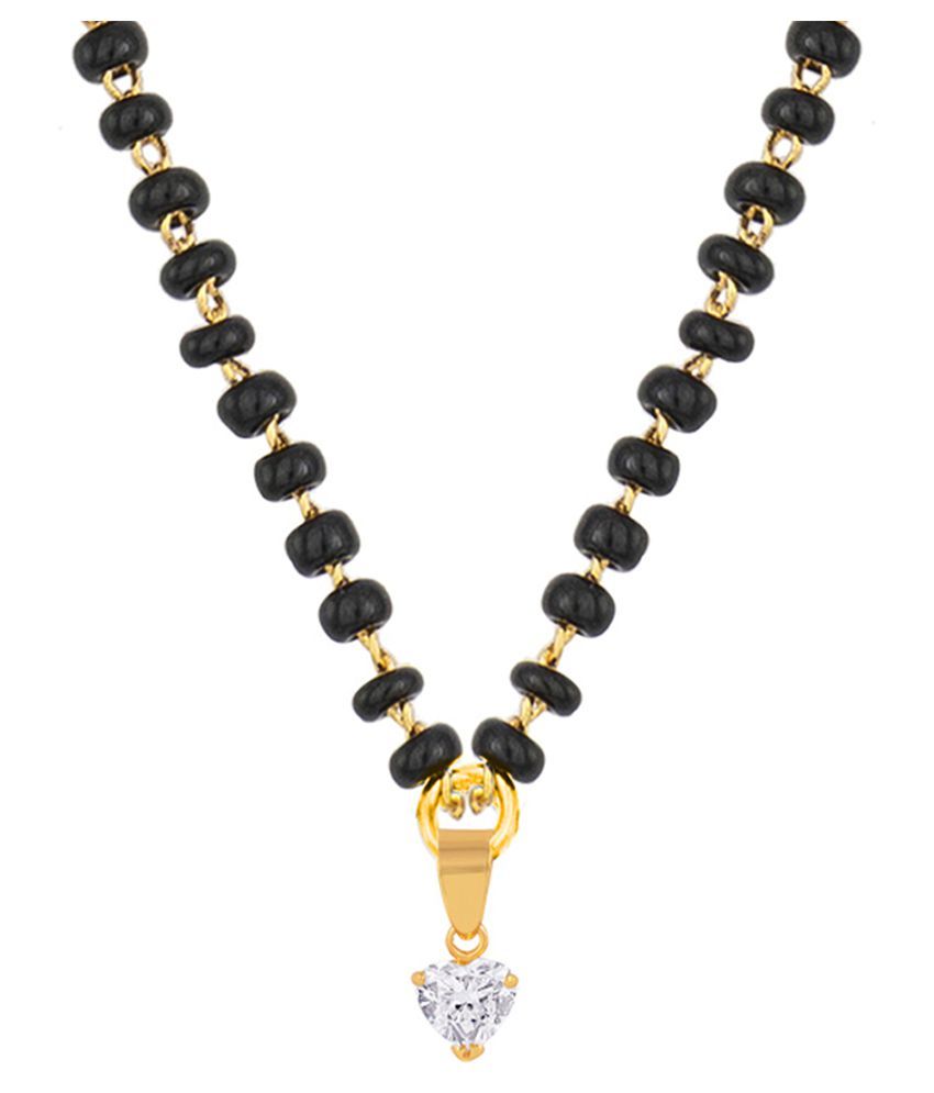     			Fashionable Mangalsutra Gold Plated Cubic Zircon Heart Pendant With Black Beaded Golden Chain