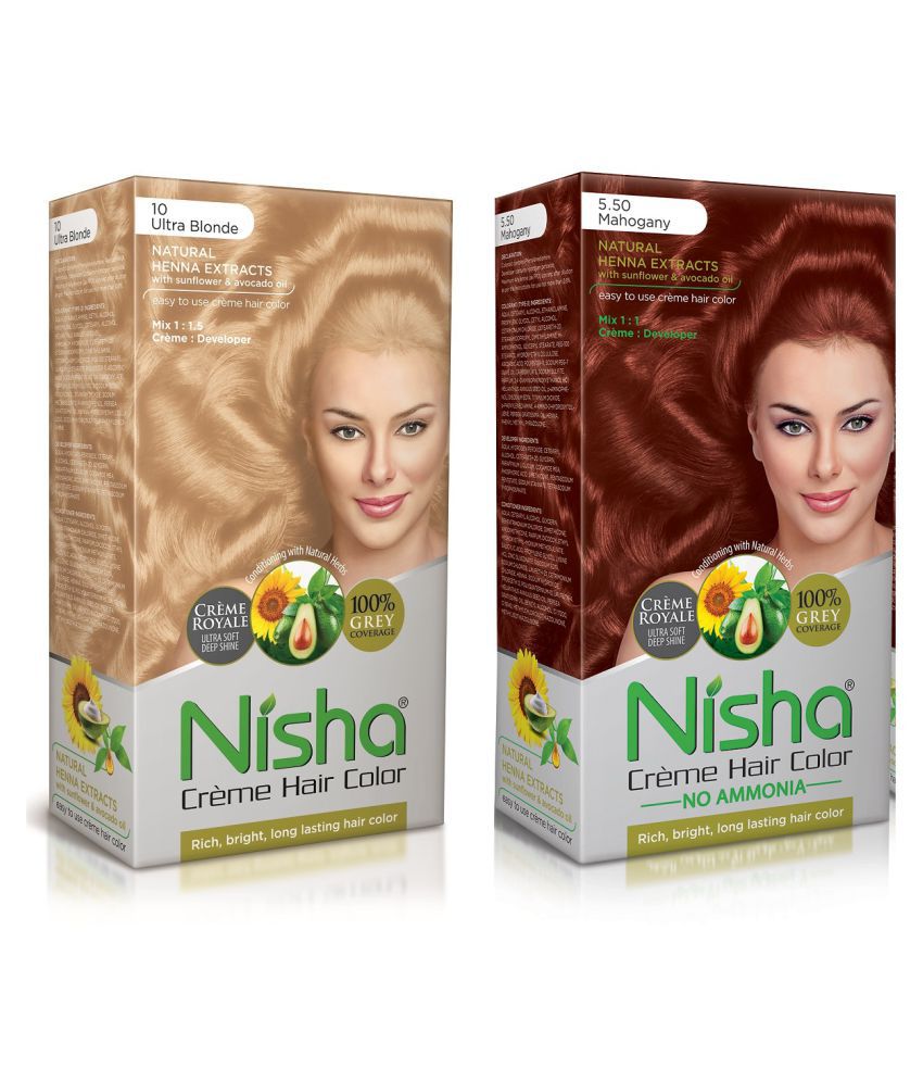     			Nisha Cream Hair Color 100% Grey Coverage Permanent Hair Color Blonde Ultra and Mahogany 150 g Pack of 2
