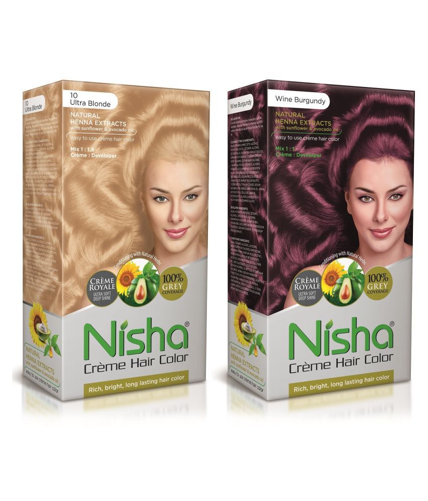     			Nisha Cream Hair Color 100% Grey Coverage Permanent Hair Color Blonde Ultra and Wine Burgundy 150 g Pack of 2