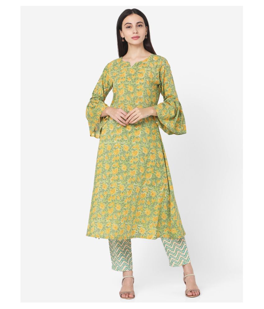     			Aarrah Green Cotton A-line Kurti