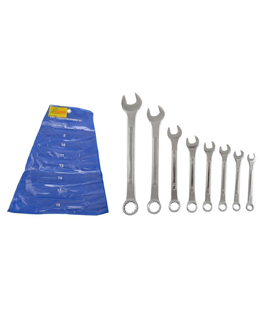     			GLOBUS COMBINATION SPANNER SET/8 PCS, RAISED PANEL, MIRROR HEAD POLISH IN BLUE PVC WALLET.