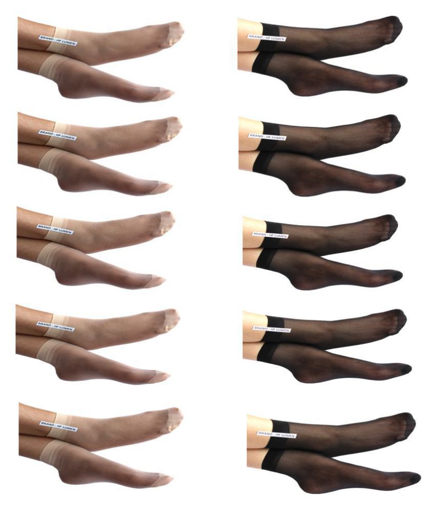     			HF LUMEN Women's Ankle Length Transparent Skin Black Thin Nylon Socks (Pack of 10)