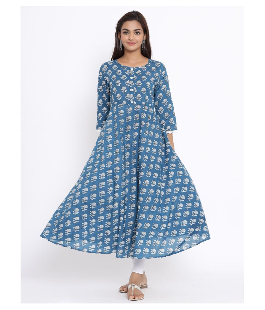 Angiya Blue Cotton Anarkali Kurti - Buy Angiya Blue Cotton Anarkali ...