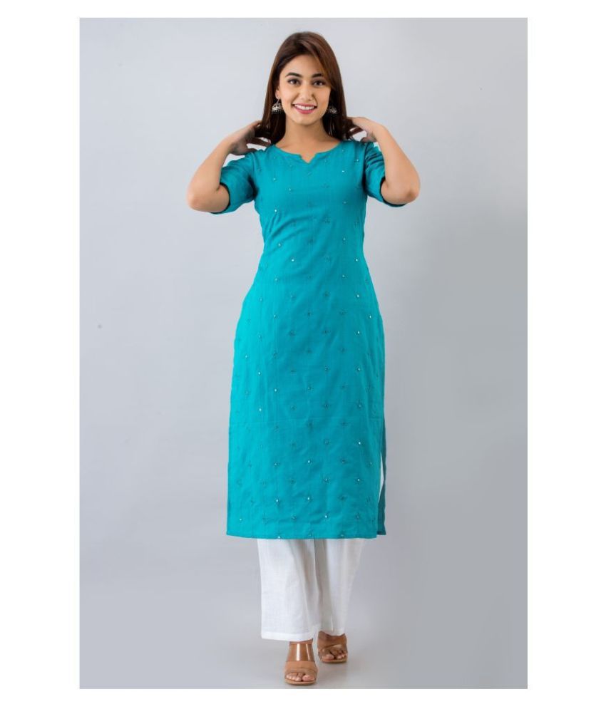     			SVARCHI - Turquoise Cotton Blend Women's Straight Kurti