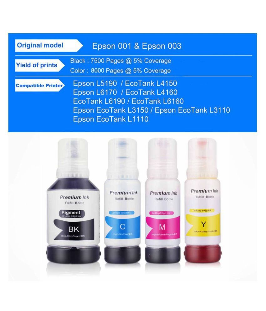 Jimigo For Epson 001 L4160 Multicolor Pack Of 4 Ink Bottle For Refill Ink For Epson 001003 6508