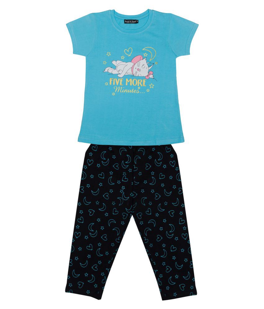     			Todd N Teen - Blue Cotton Girls Night Suit Set ( Pack of 1 )