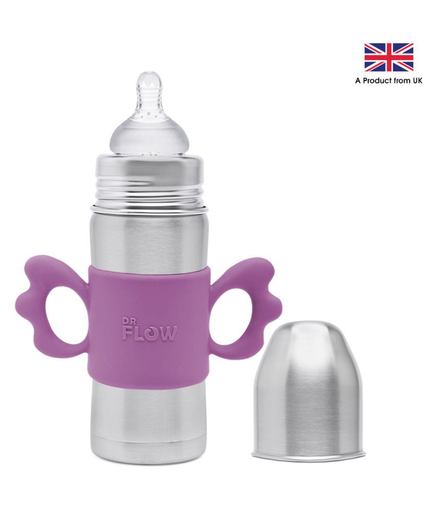 Dr.Flow Vogue+ Stainless Steel Baby Feeding Bottle with Silicone Handle & Silicone Closing Disc 360ml/12oz |100% Plastic free &  Non-Toxic Stainless Steel | 304 (18/8) Grade Stainless Steel | Anti Colic Silicone Teat | DF9010, Purple Color