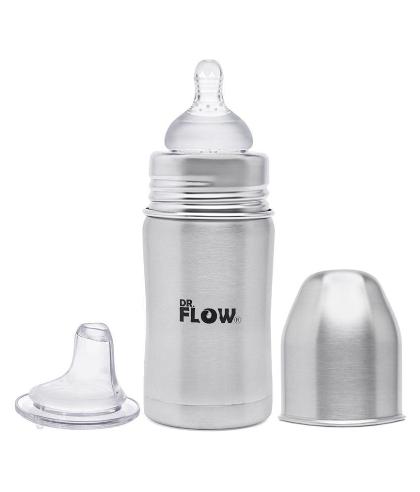 Dr.Flow 2in1 Vogue Stainless Steel Baby Feeding Bottle 260ml/8oz |100% Plastic free &  Non-Toxic Stainless Steel | 304 (18/8) Grade Stainless Steel | Anti Colic Silicone Teat | DF9001, Grey Color | Silicone Teat & Sippy Spout Combo
