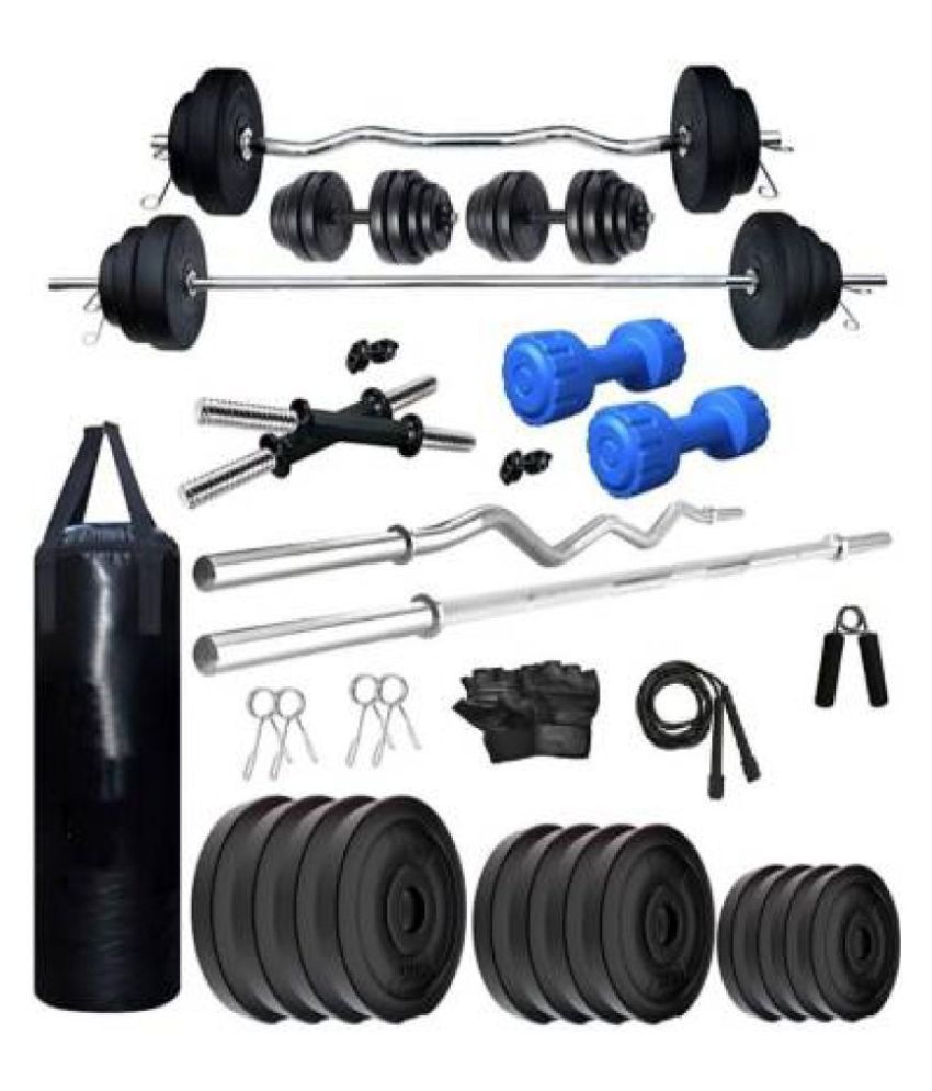 RIO PORT 100 KG PVC Weights with 8-in-1 multipurpose bench, plain rod, curl rod, dumbbell rods, leather gym gloves, Gym Backpack, Gym Belt, Skipping Rope, Hand Gripper