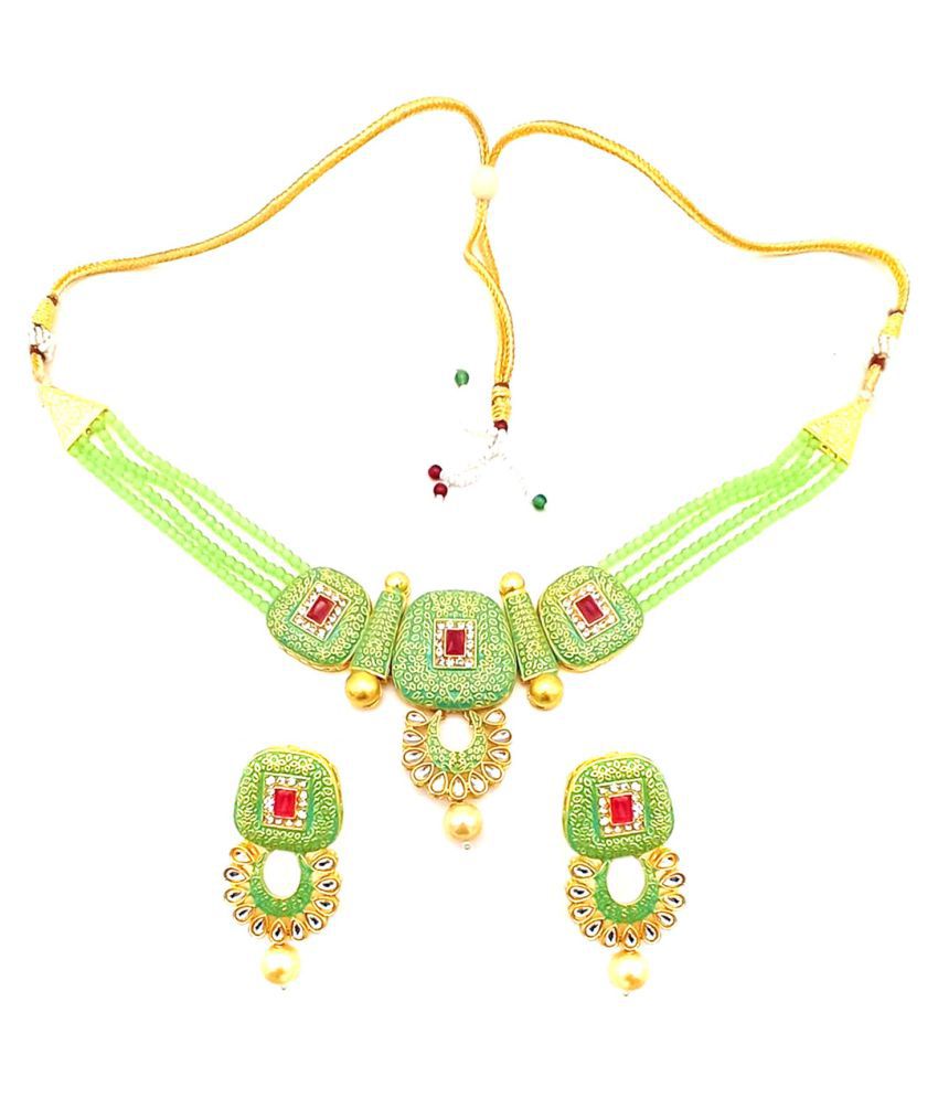     			Jewar Mandi Brass Green Designer Necklaces Set Collar