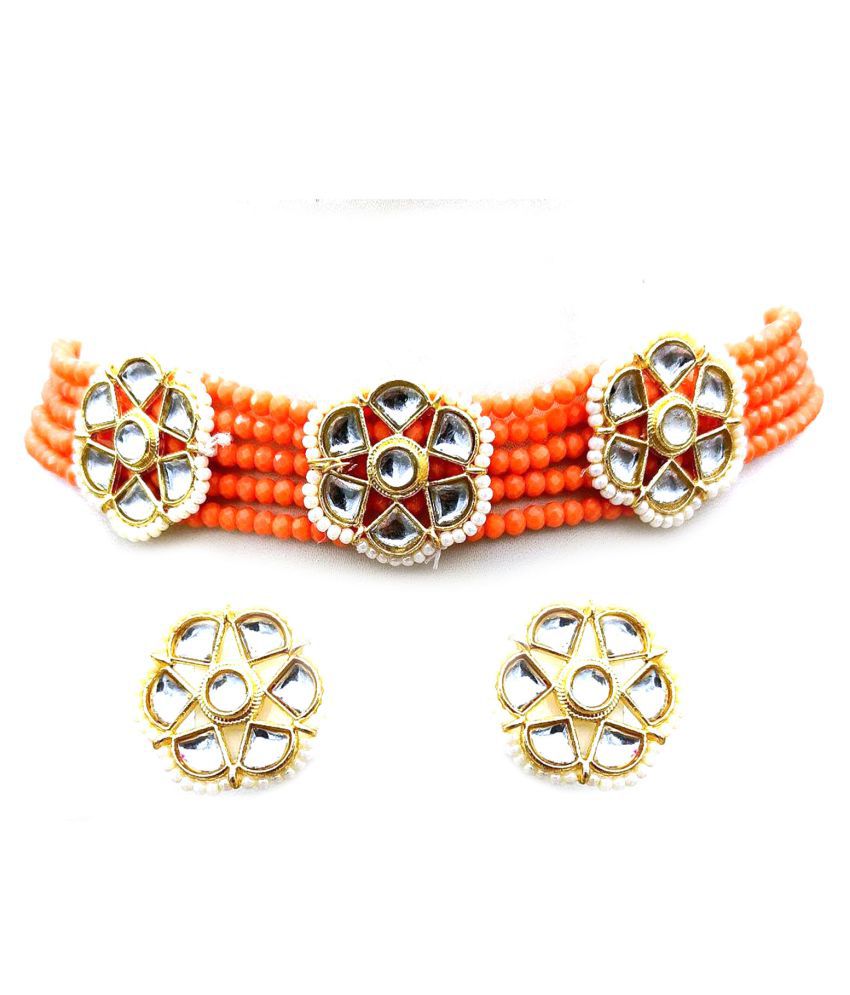    			Jewar Mandi Brass Orange Designer Necklaces Set Choker