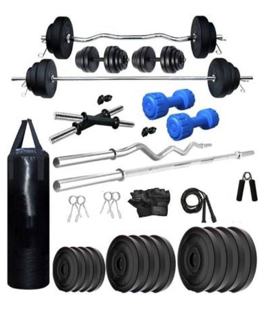 RIO PORT Home Gym Combo Of Rubber Weights (2Kgx4=8Kg+2.5Kgx6=15Kg+3Kgx4=12Kg+5Kgx6=30Kg+10Kgx2=20Kg), 6-in-1 Multipurpose Bench, Plain Rod, Curl Rod, Dumbbell Rods, Gym Gloves, Gym Backpack, Gym Belt, Skipping Rope, Hand Gripper