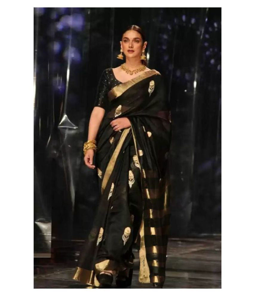     			Bhuwal Fashion - Black Cotton Blend Saree With Blouse Piece (Pack of 1)