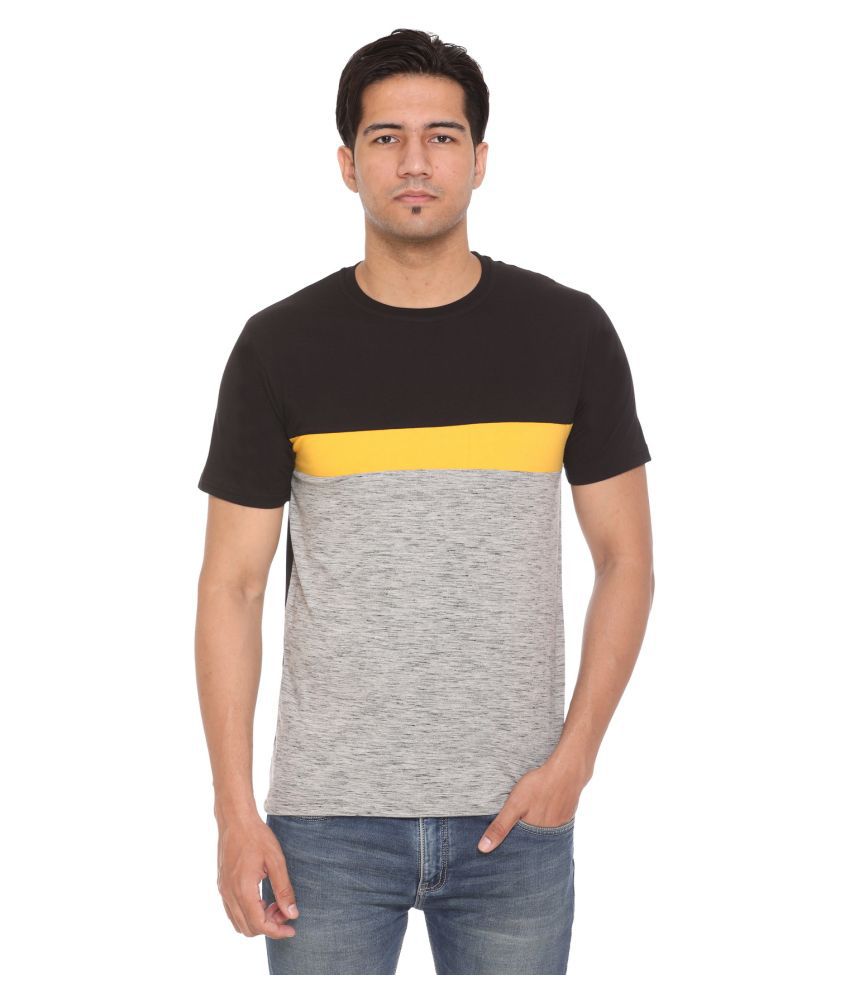     			HVBK Cotton Blend Black Color Block T-Shirt