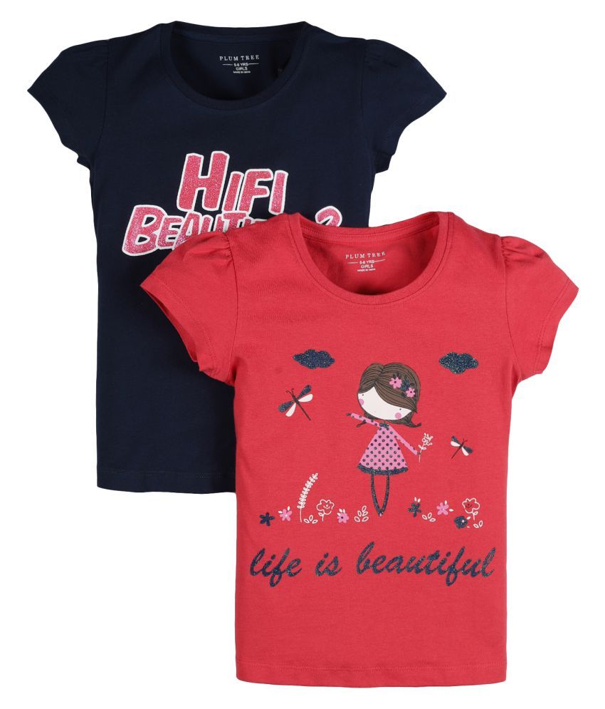     			Plum Tree Girls Life is Beautiful Print T-shirt ( Pack of 2)