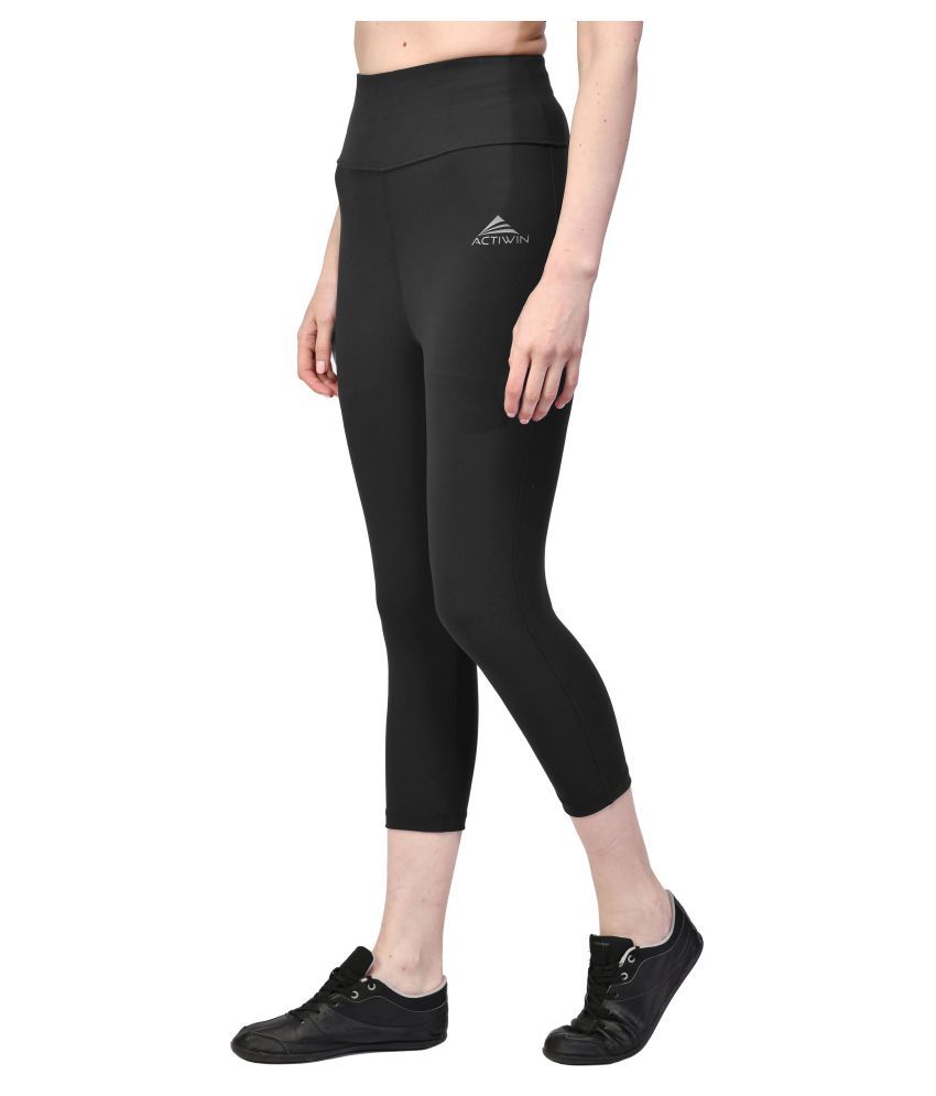     			ACTIWIN Black Polyester Lycra Solid Capri