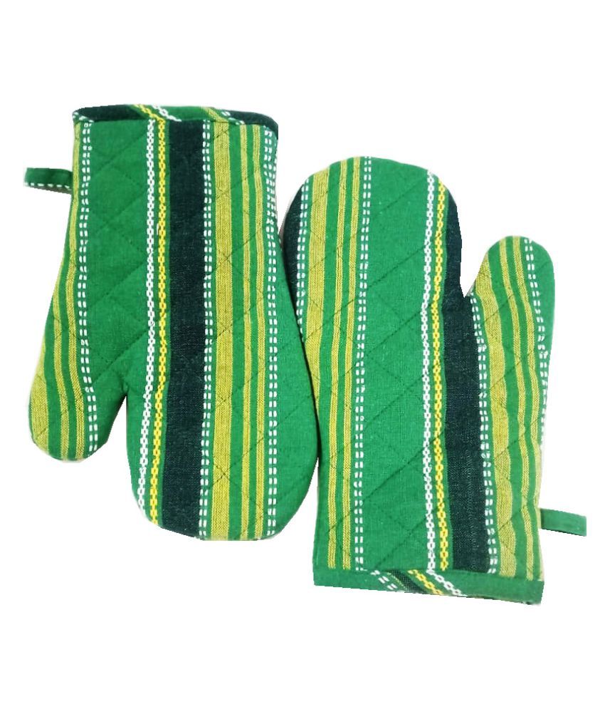     			Tidy Green Color Stripes Design Cotton Oven Hand Glove - Pack of 2pcs