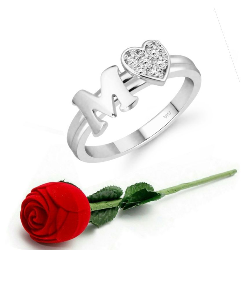     			Vighnaharta cz alloy Rhodium plated Valentine collection Initial '' M '' Letter with heart ring alphabet collection  with Scented Velvet Rose Ring Box for women and girls and your Valentine.