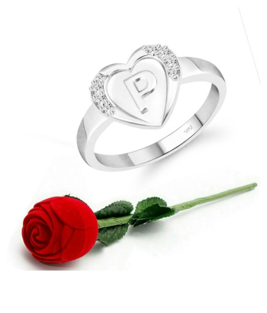     			Vighnaharta cz alloy Rhodium plated Valentine collection Initial '' P '' Letter in heart ring alphabet collection  with Scented Velvet Rose Ring Box for women and girls and your Valentine.