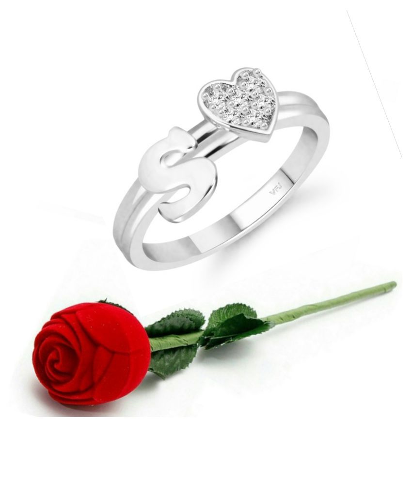     			Vighnaharta cz alloy Rhodium plated Valentine collection Initial '' S '' Letter with heart ring alphabet collection  with Scented Velvet Rose Ring Box for women and girls and your Valentine.