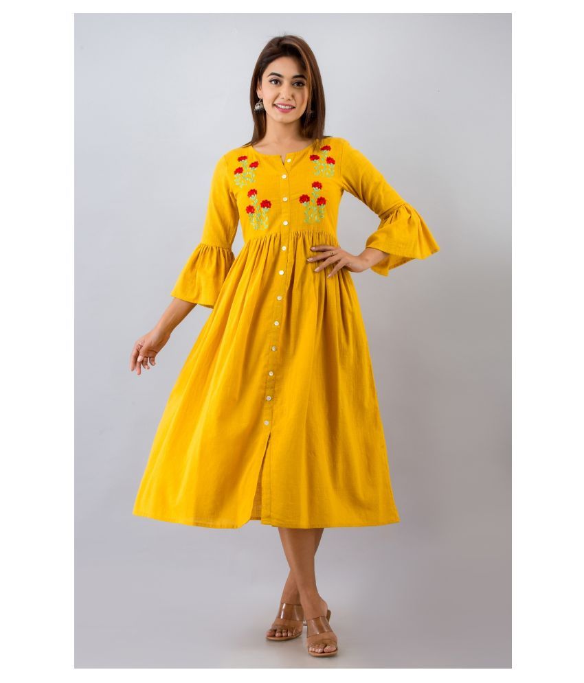     			SAART BUNAAI Yellow Cotton Anarkali Kurti