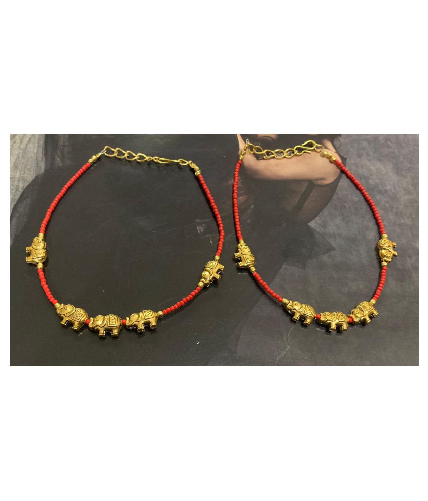     			Red Golden Elephant Beads Oxidised Silver Anklet Nazariya Combo for Women and Girls 2 pcs