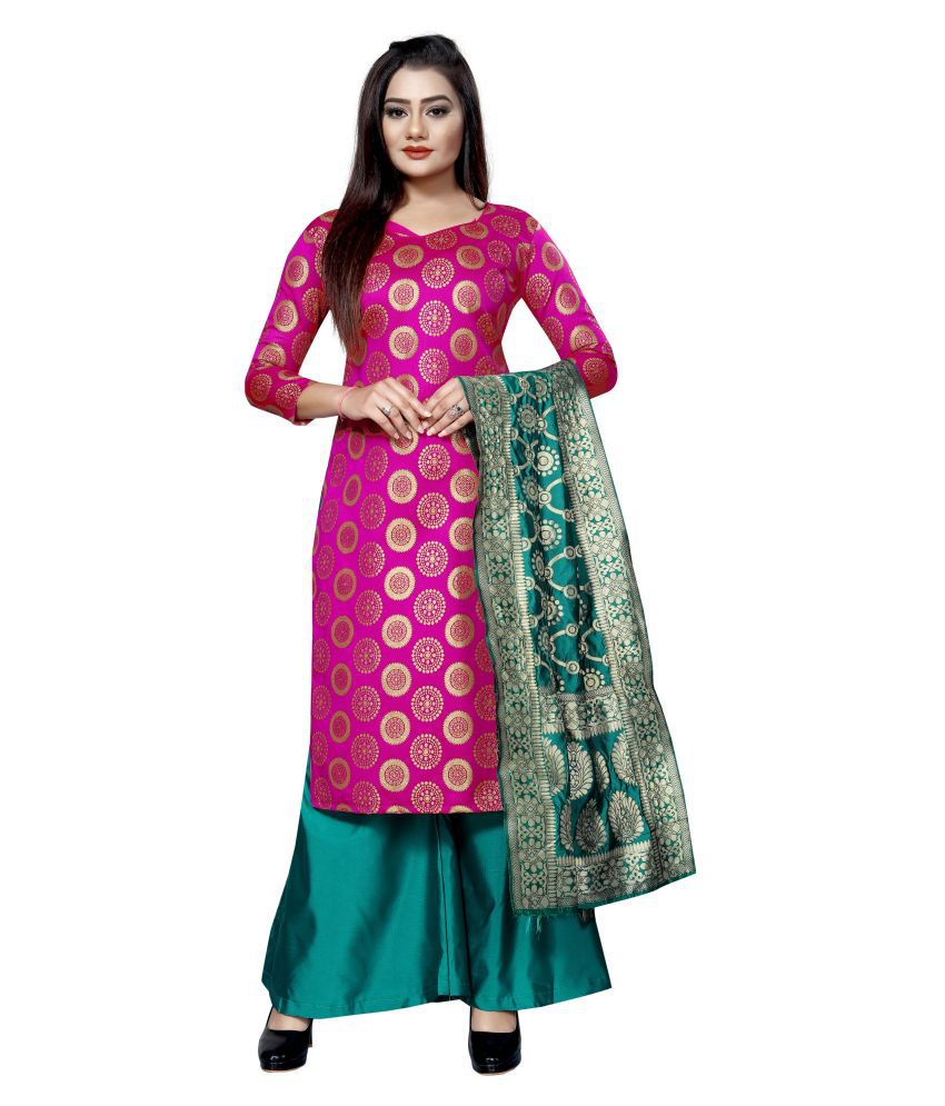 SATYAM WEAVES Pink Brocade Unstitched Dress Material
