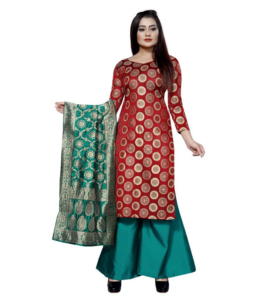 SATYAM WEAVES Red Brocade Unstitched Dress Material