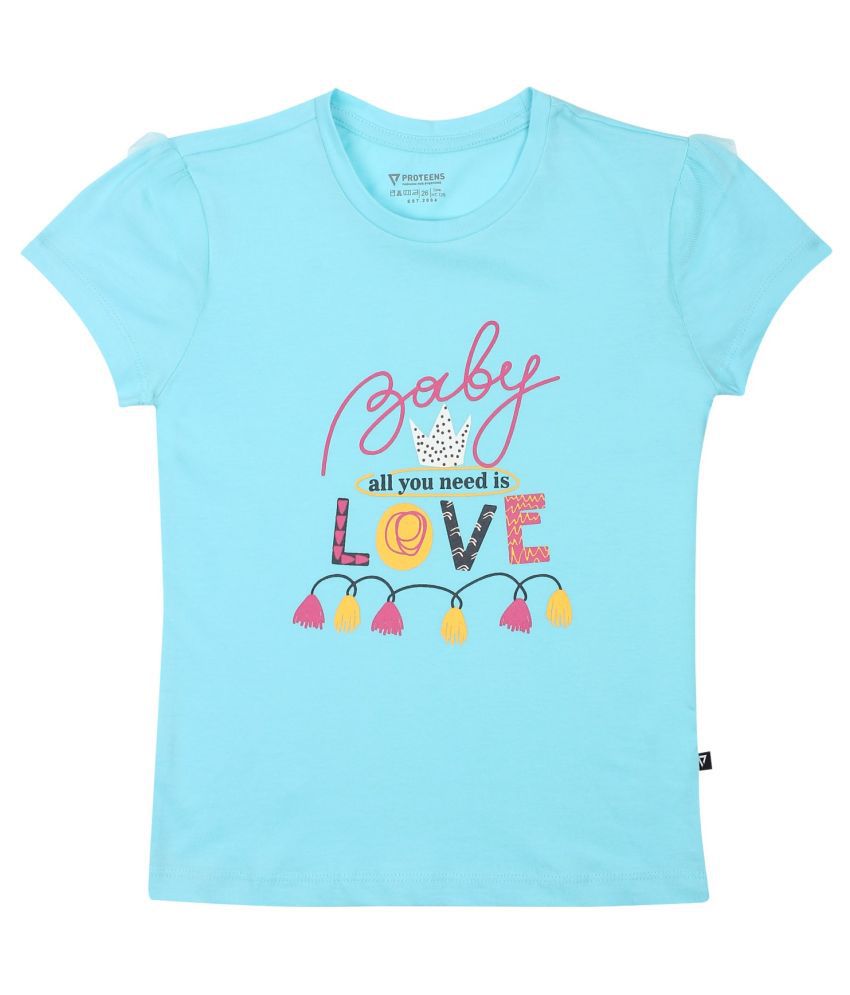     			Proteens Girls Sky Blue printed Round Neck Tshirts