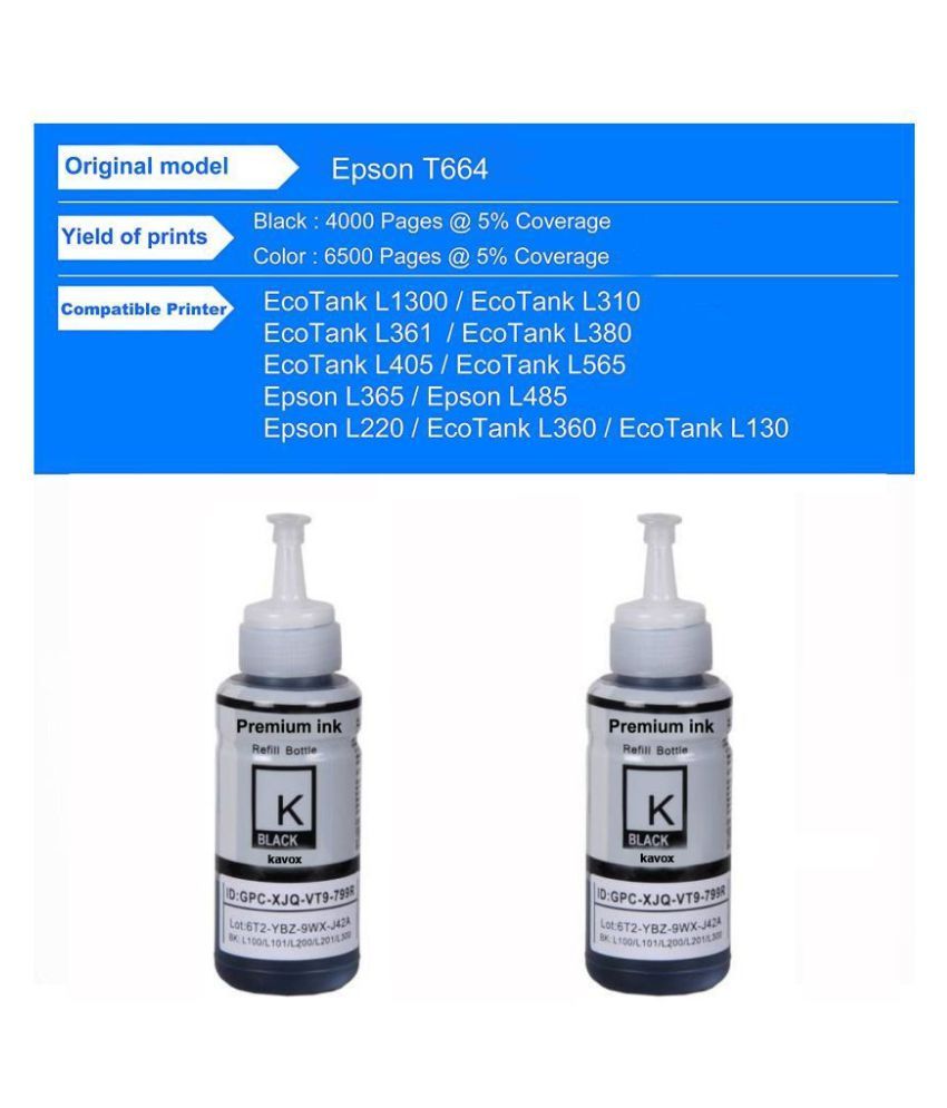 Kavox FOR EPSON664 L310 Black Pack of 2 Ink bottle for Refill ink for Epson L130,L210,L220,L350 