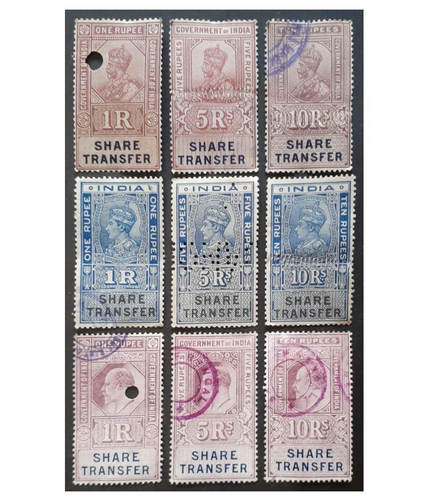     			Extremely Rare Old Vintage British India High Denomination King George V, King George VI & Edward VII Share Transfer Lot of 9 Stamps,,,,Collectible