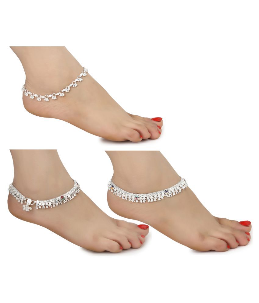     			AanyaCentric White Metal Artificial Payals Antique Stylish Latest Design Traditional Anklets in Silver Plating for Woman and Girl (Set of 3 Pairs)