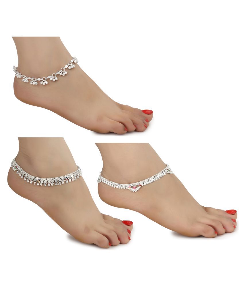     			AanyaCentric White Metal Artificial Payals Antique Stylish Latest Design Traditional Anklets in Silver Plating for Woman and Girl (Set of 3 Pairs)