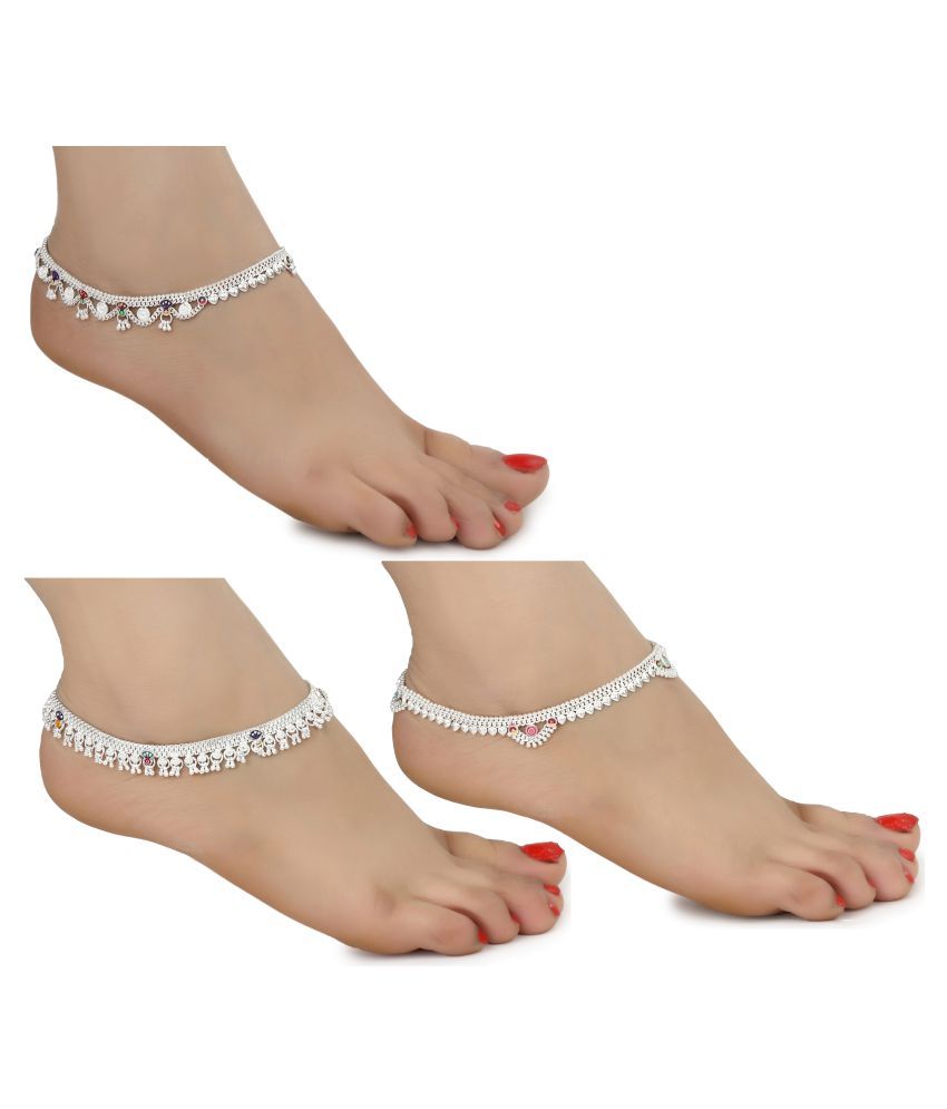     			AanyaCentric White Metal Payal Alloy Imitation Trendy Fancy Stylish Latest Design Silver Plated Anklets Combo for Girls and Women (Pack of 3 Pair)