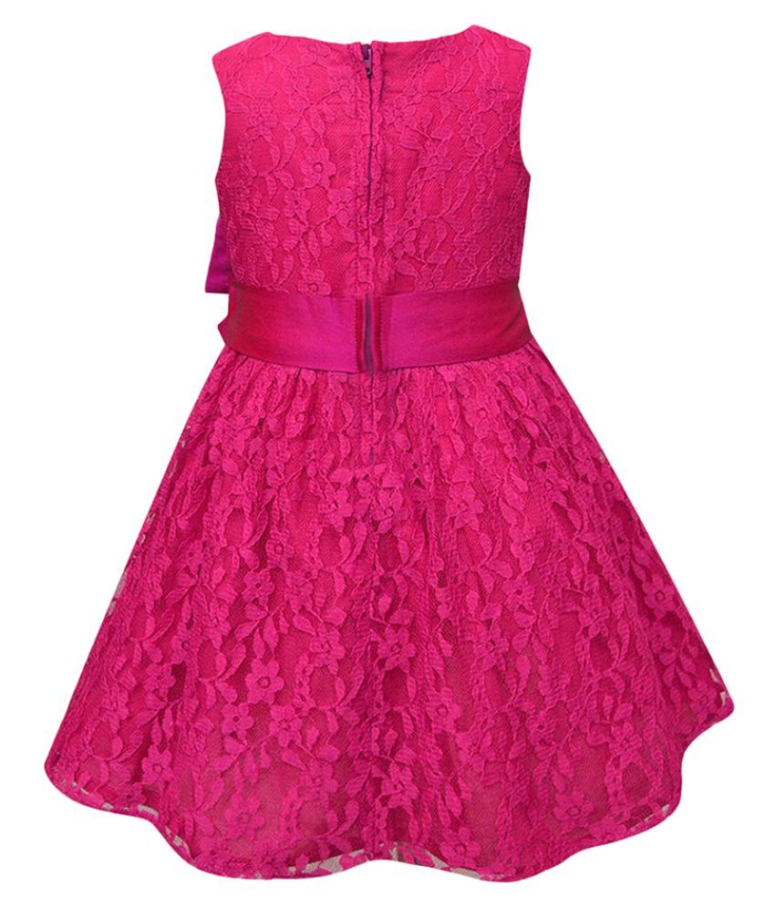 Hopscotch Baby Girls Nylon Lace Double Bow Dress in Fuchsia Color For
