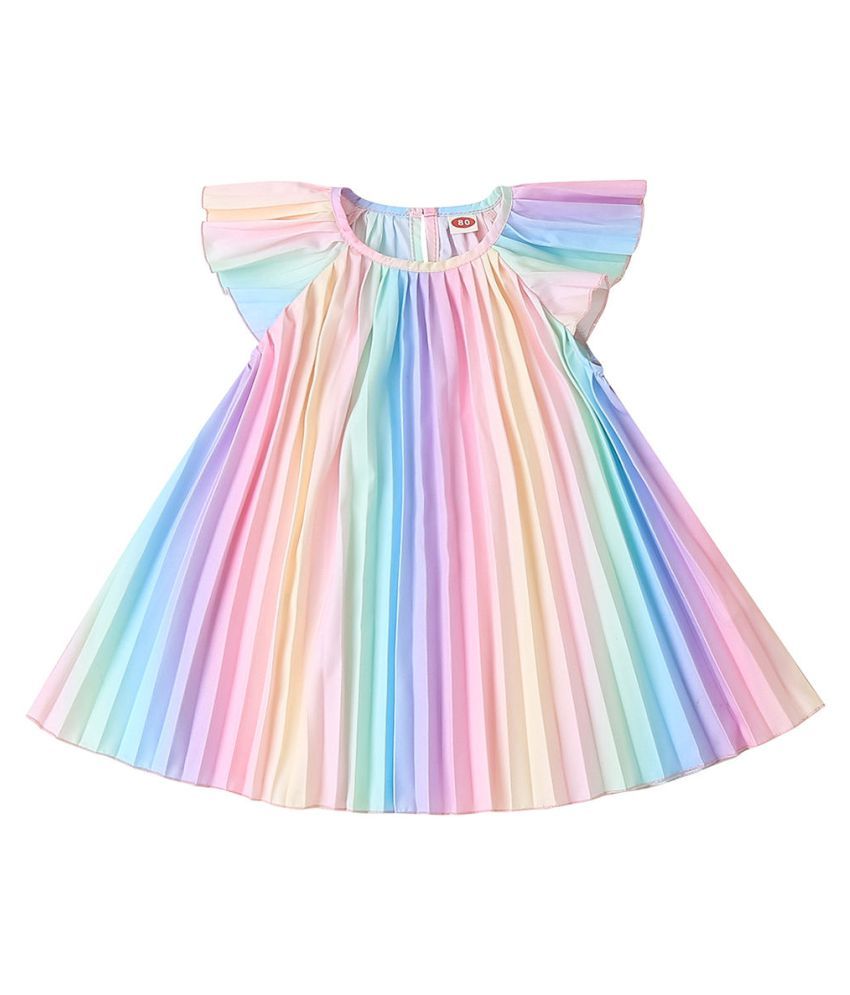 Hopscotch Baby Girls Polyester Wing Sleeves Rainbow Dress in Multi