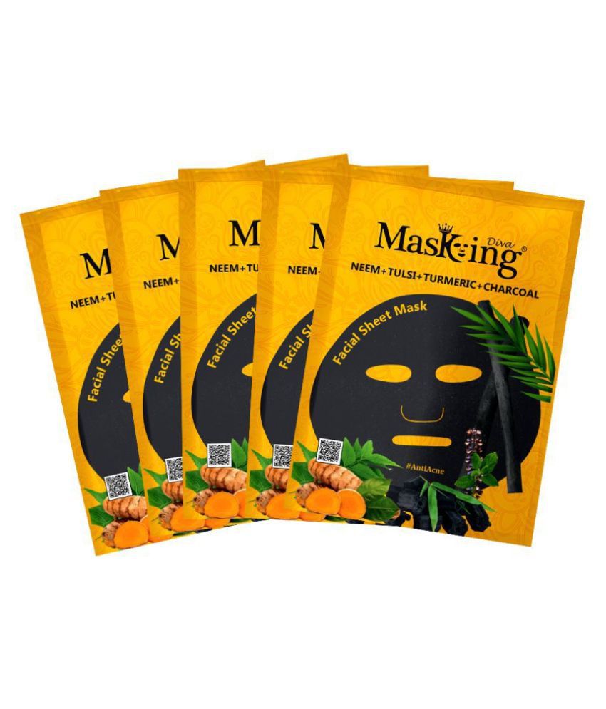     			Masking Diva Neem, Tulsi, Turmeric and Charcoal Face Sheet Mask Masks 125 ml Pack of 5