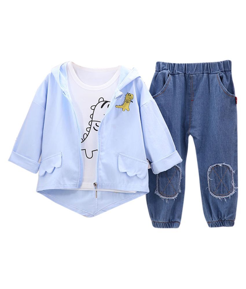 Hopscotch Boys Cotton And Polyester Full Sleeves Applique Solid T-Shirt, Hoodie And Pant Layering Set in Blue Color For Ages 2-3 Years (YUE-3115217)